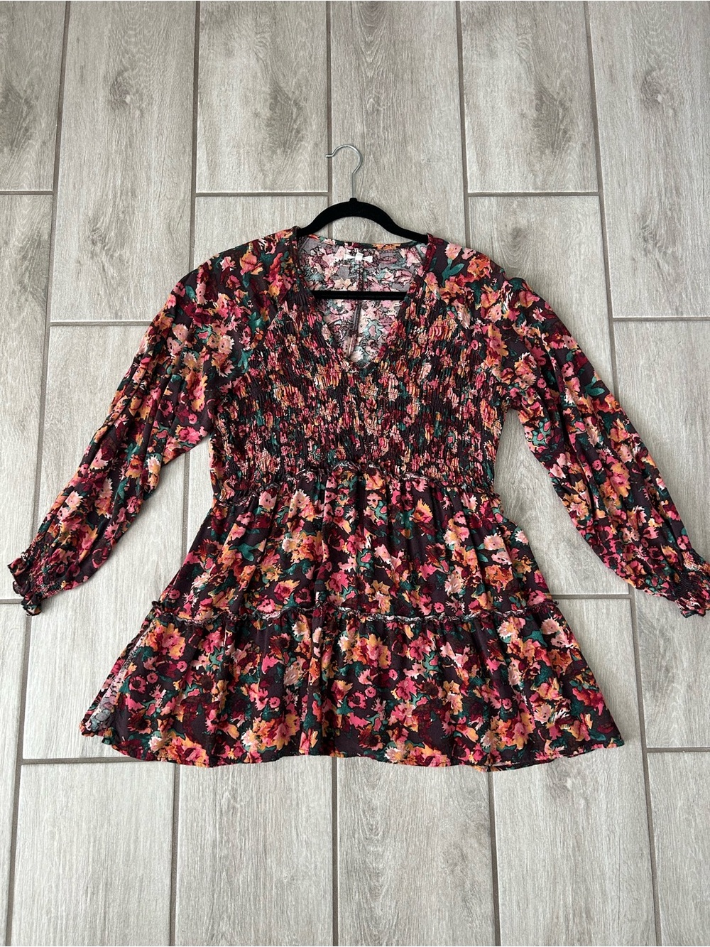 Maurices Black Floral Smocked Waist Long-Sleeve Tunic with Pink & Coral Flowers